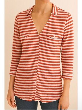 J McLaughlin Brynn Shirt Top Women M Linen Striped Button Up Knit Preppy Coastal